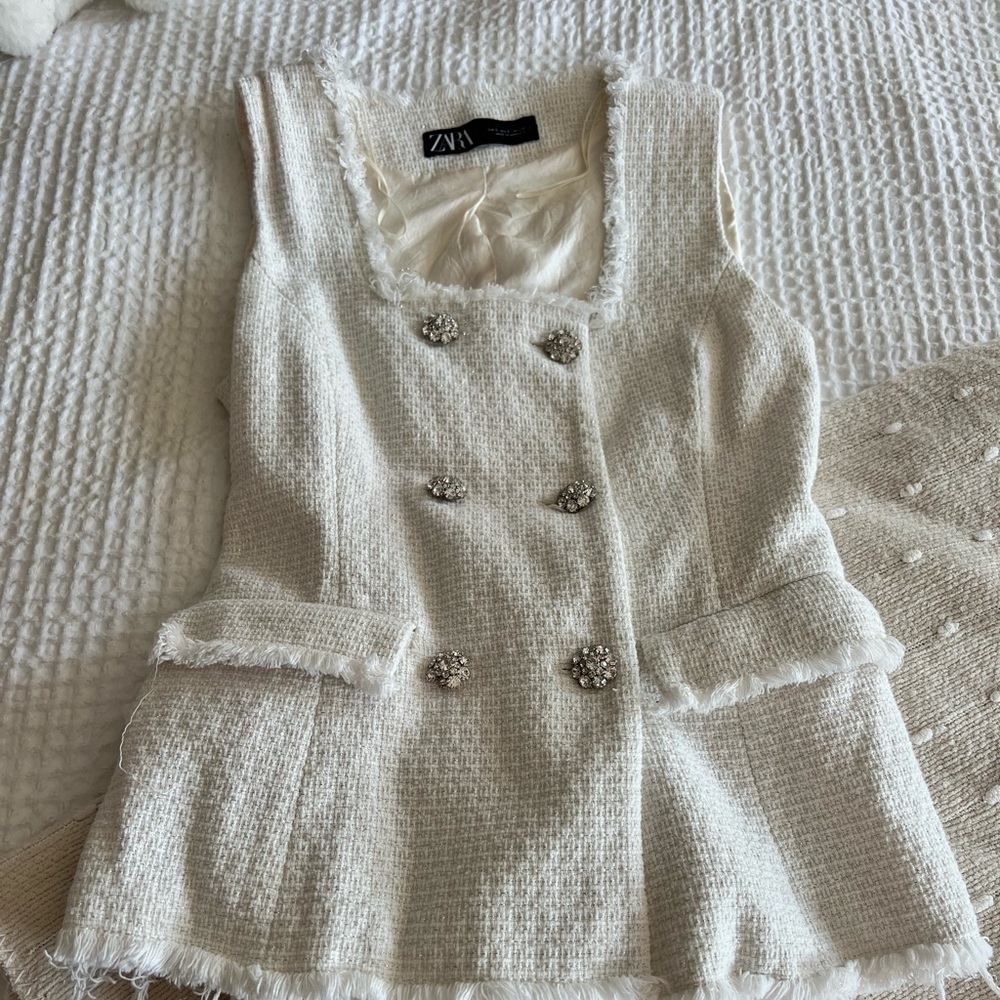 Zara Cream Sleeveless Tweed Matching Set